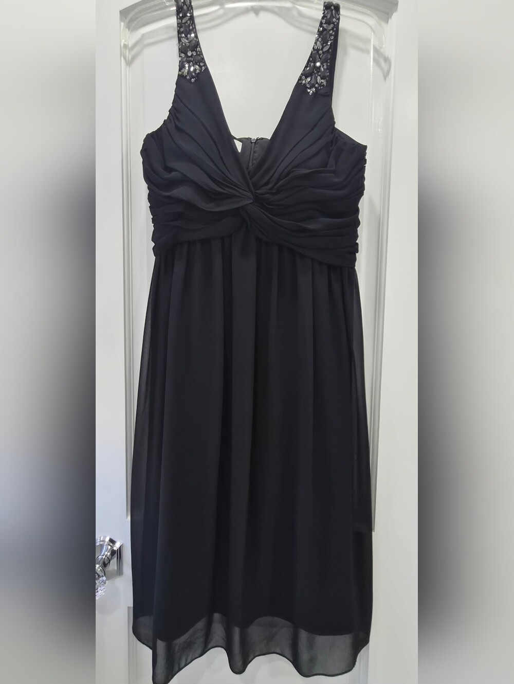 NWOT Patra Black  Twist-Bodice Chiffon Dress with Beaded Straps
